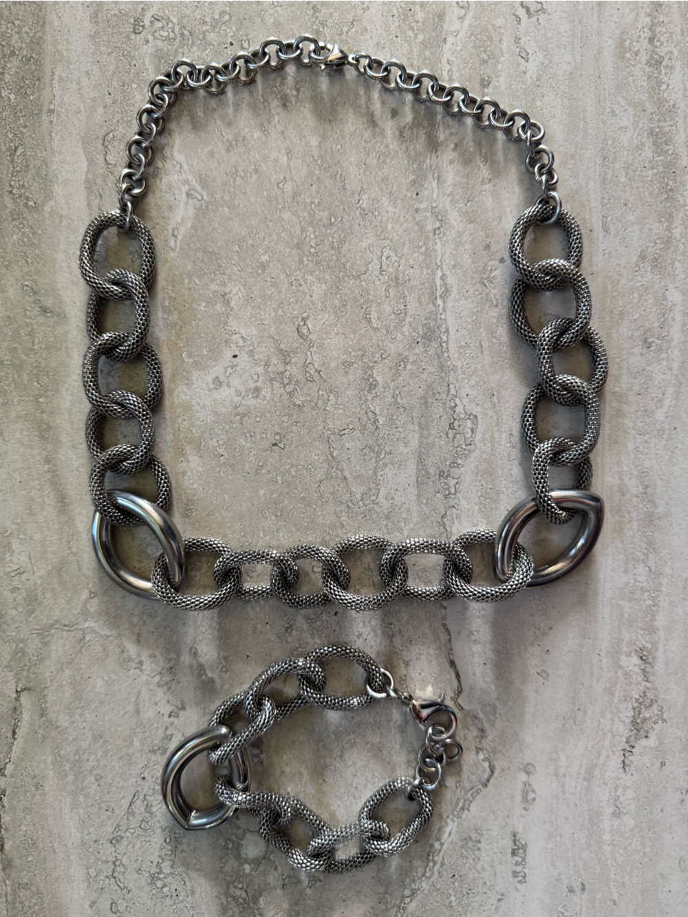 Chunky Textured Chain Necklace & Bracelet Set - Silver